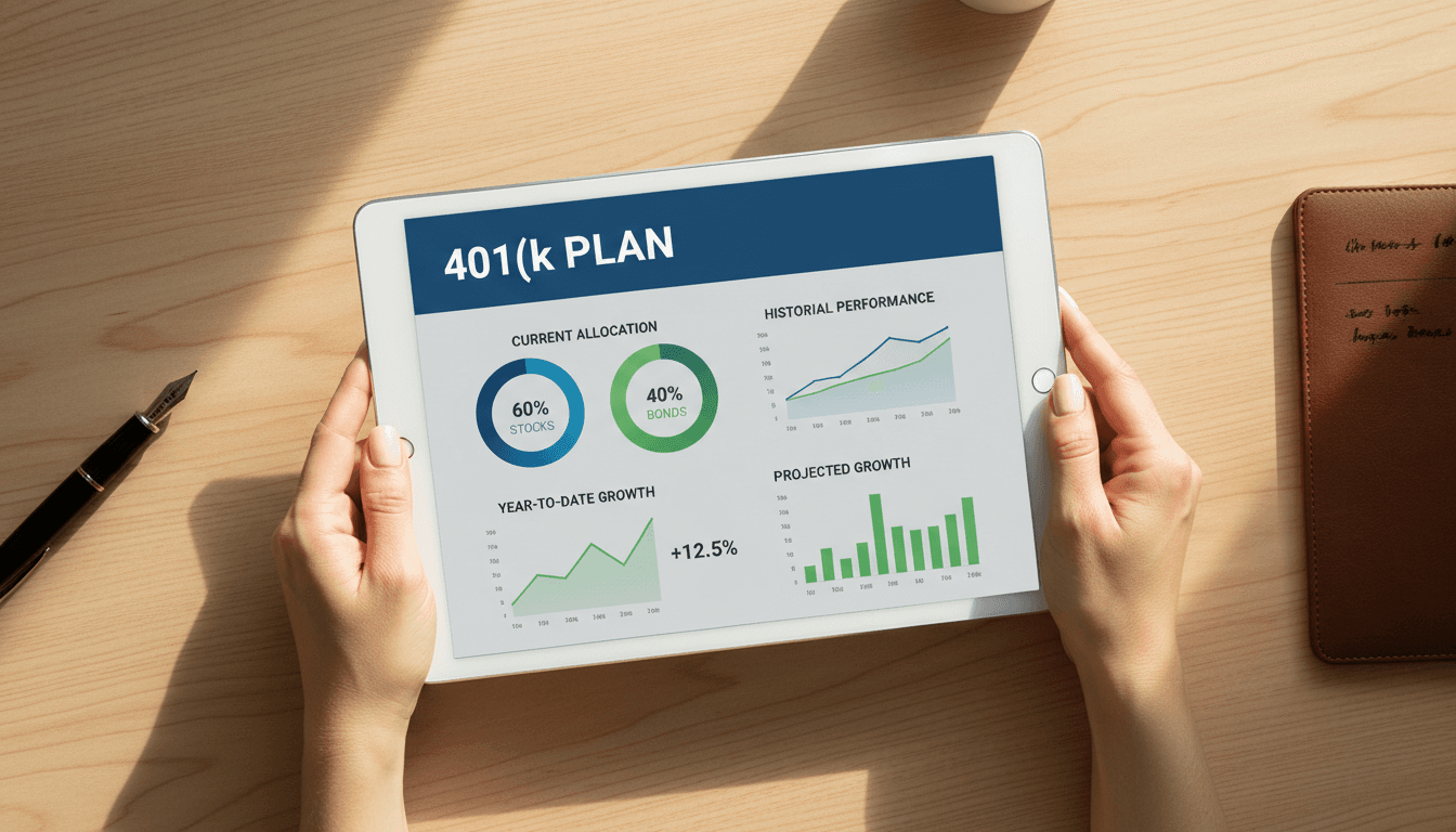 Digital 401(k) retirement plan dashboard with investment charts