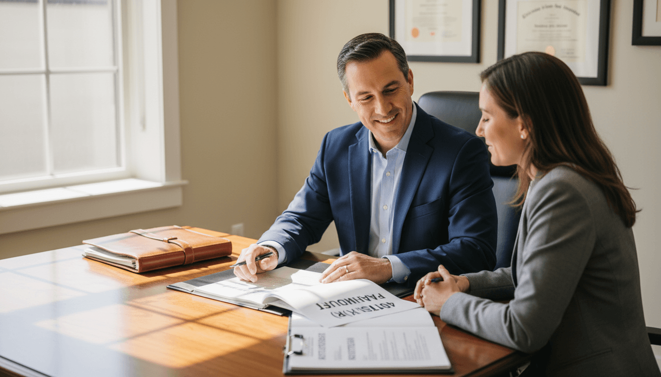 401(k) plan consultant reviewing retirement documents with client